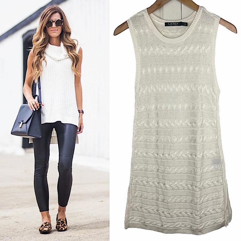 NWT Lauren Ralph Lauren Cream Cable Knit Sleeveless Ribbed Pullover Sweater